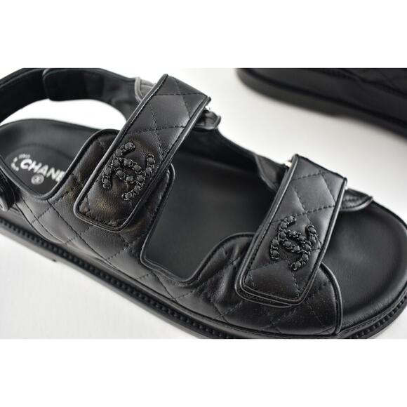 Chanel Black Leather Quilted Chain CC Logo Mule Slide Strap Flat Dad Sandal 39 - Picture 4 of 12